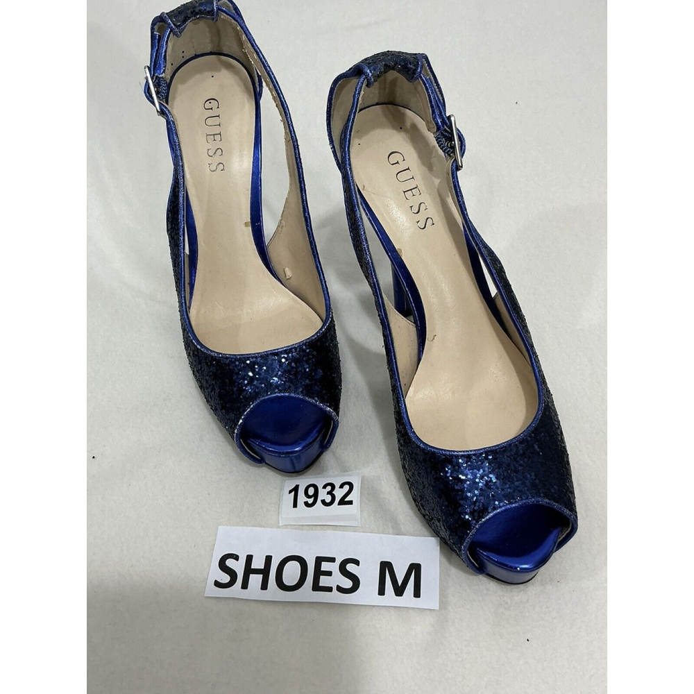 Womans Guess Blue Glitter Open Toe Platform Pumps 7 M